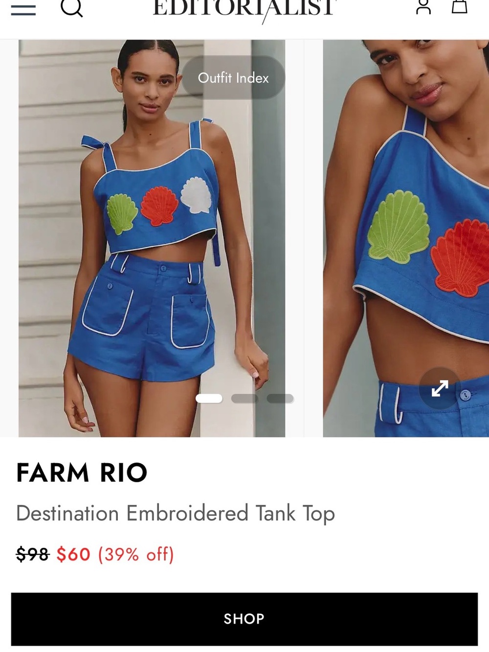 Anthropologie Blue Cropped Shell Appliqué Tank Top